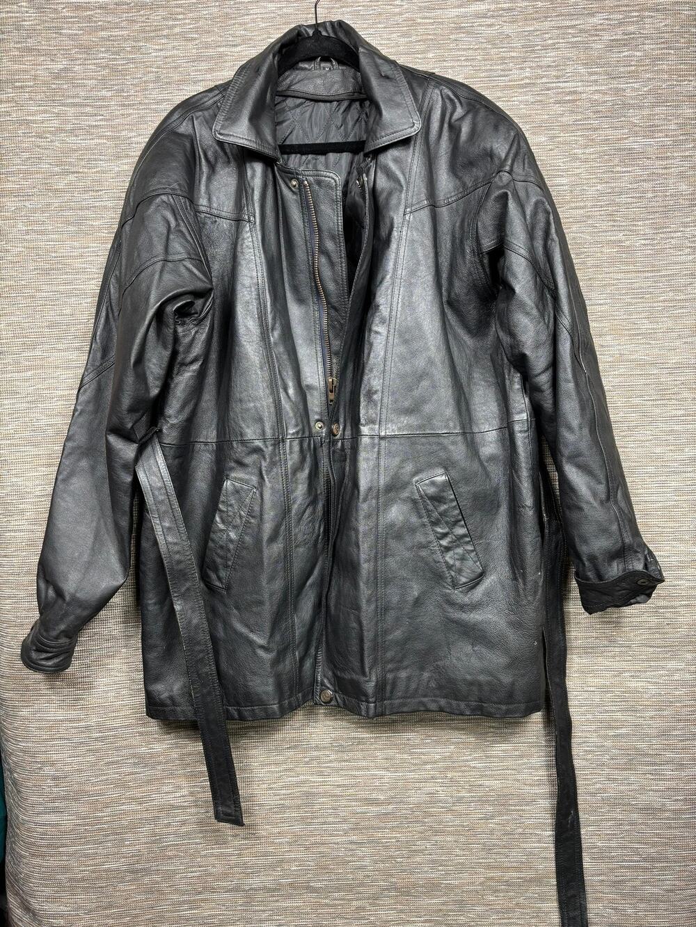Content Coat Mens Medium Black Leather Belted Zip Pockets Lined Overcoat Casual
